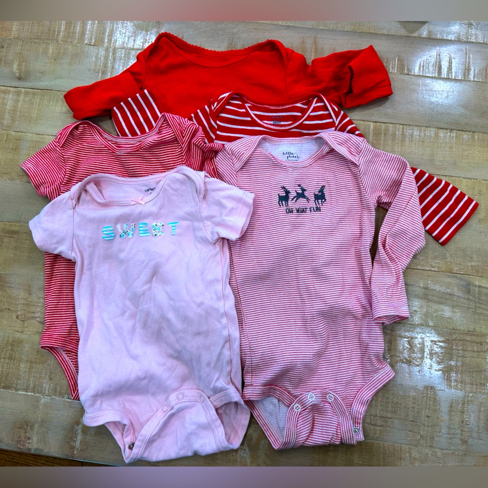 5 baby girls carters cotton onesie bodysuit red stripe Christmas holiday clothes
